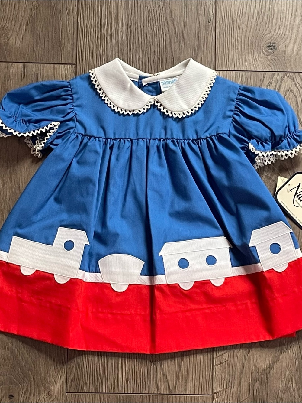 NWT Vintage Nannette Train Embroidered Blue Red 24m Baby Dress